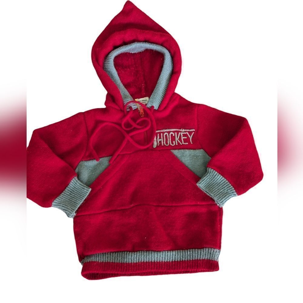 Vintage red and gray embroidered hockey knit hooded sweater size 12‎ months